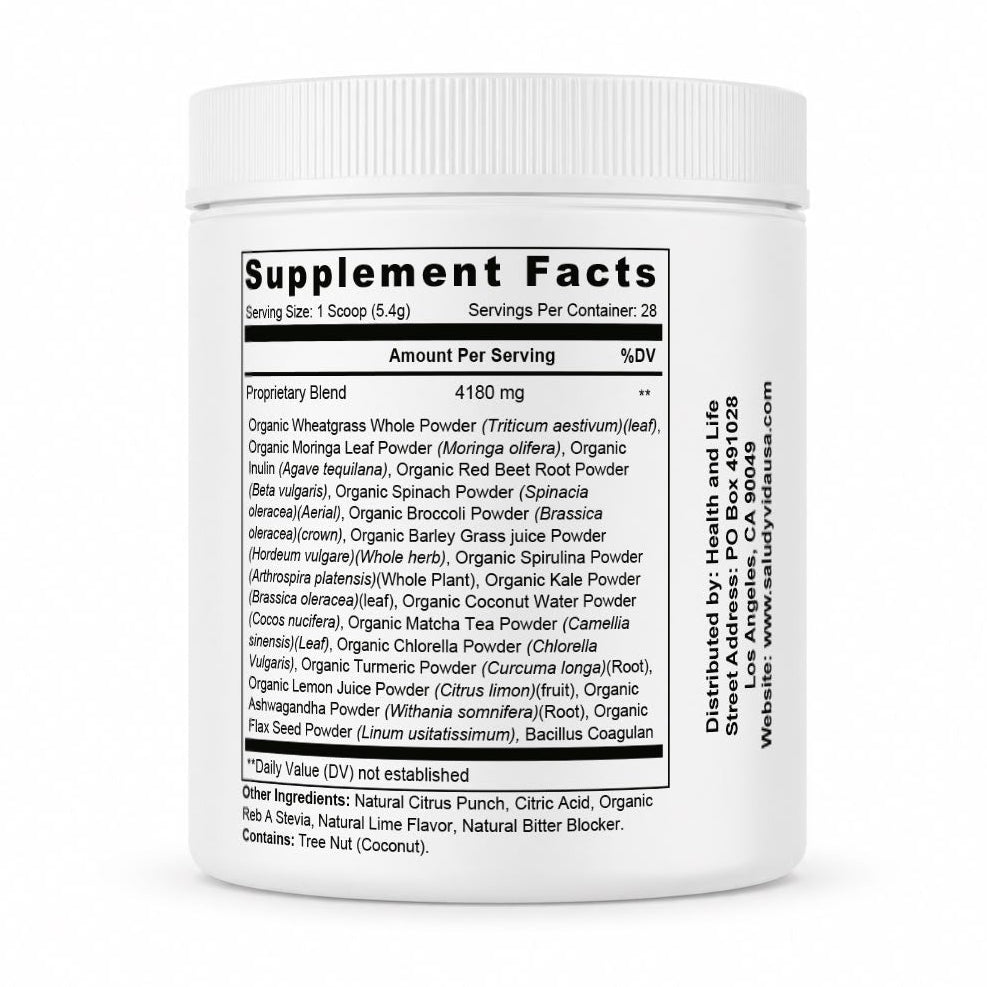 GREEN BLEND – Información del Suplemento: verdes orgánicos, espirulina, moringa, matcha y probióticos