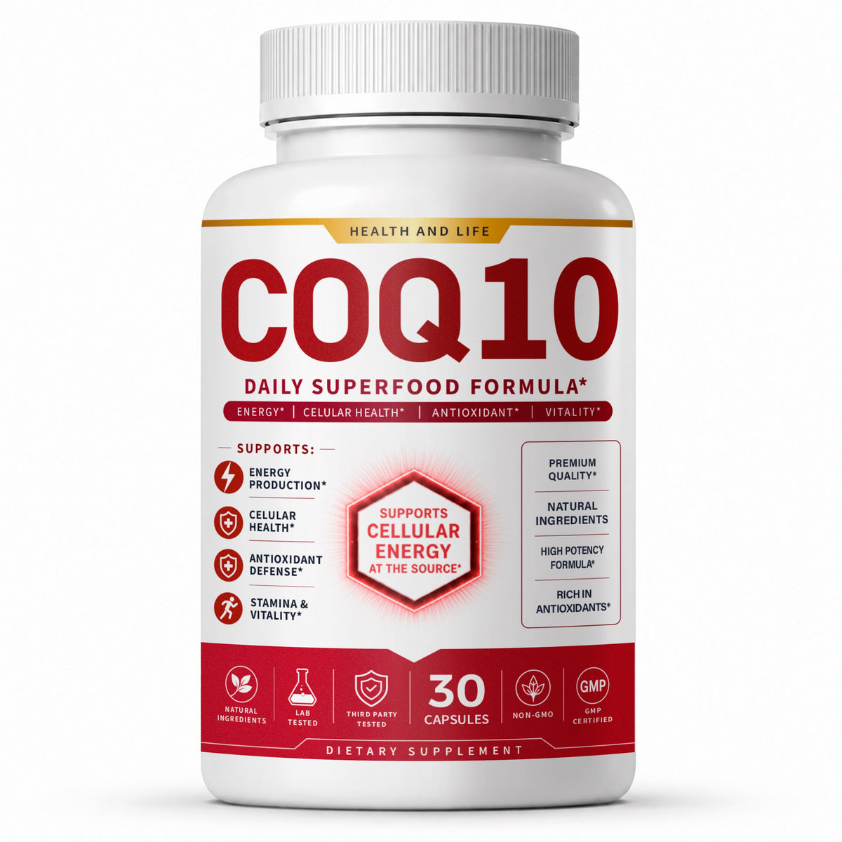 COQ10 200 mg – Energía Celular y Antioxidante – etiqueta frontal