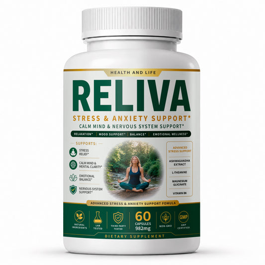 RELIVA™ – Apoyo frente al Estrés y la Ansiedad – etiqueta frontal