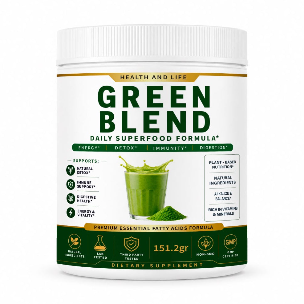 GREEN BLEND – Superalimentos Verdes en Polvo 151,2 g de Health and Life – etiqueta frontal