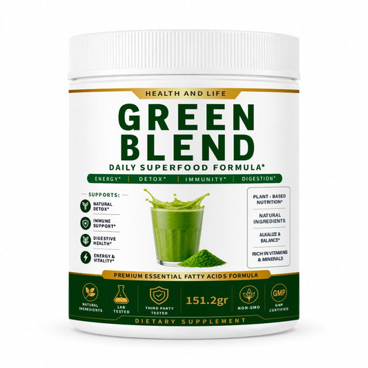 GREEN BLEND – Superalimentos Verdes en Polvo 151,2 g de Health and Life – etiqueta frontal