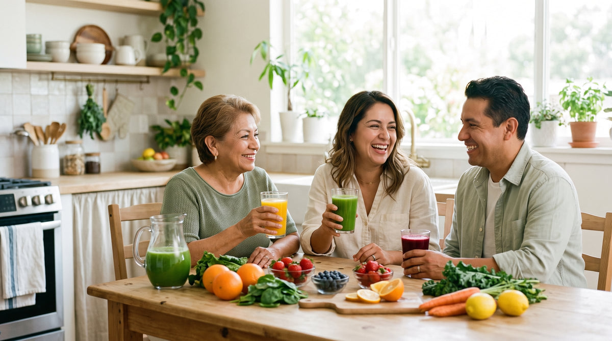 Familia disfrutando jugos naturales de frutas y verduras en la cocina